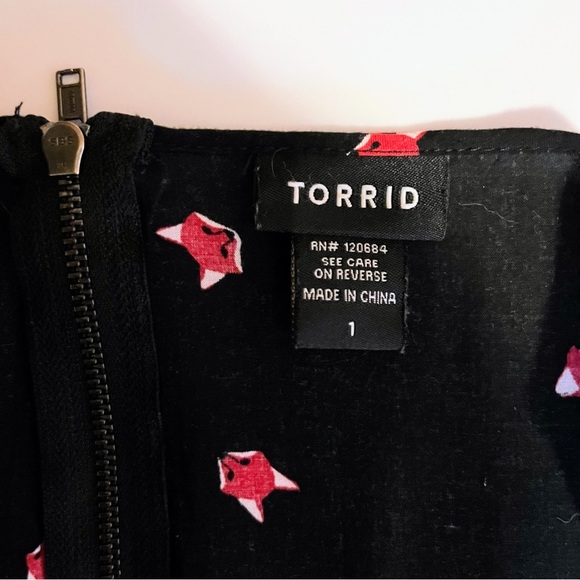 Torrid Fox Print Dress Size 1 14/16 Black Babydoll Zip Back Animal Crittercore - Picture 7 of 8